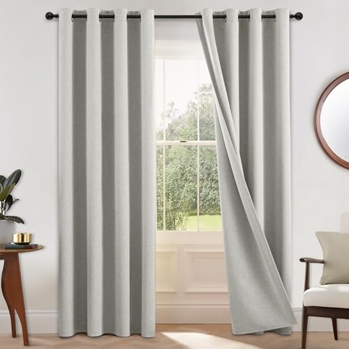 COSVIYA 100% Blackout Cream Linen Curtains & Drapes 84 Inch Length 2 Panels Set, Full Room Darkening Grommet Insulated Thermal Window Panels for Bedroom/Living Room,52x84 inches