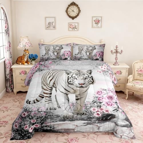 Castle Fairy White Tiger Kids Comforter Set Twin Size,Pink Rose Flower Western African Wildlife Animal Big Cat Bedding Set for Children,Floral Botanical Soft Microfiber Quilt with 1 Pillowcase