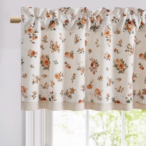 StangH Linen Floral Valance Kitchen Curtains 18 Inches,Printed Double Layer Valance Living Room Laundry Room Darkening Farmhouse Vintage Flower Window Treatment,Yellow,W52 x L18,1 Panel