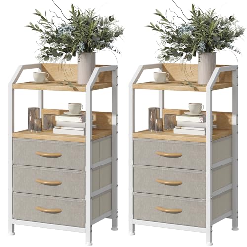 Feonase Set of 2 Bedside Table with 3 Fabric Drawers & Shelf, Nightstand for Bedroom, Living Room, Small Spaces – Metal Frame & Wooden Top, Sofa End Table with Storage for Home Décor, Khaki