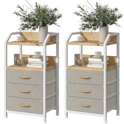 Feonase Set of 2 Bedside Table with 3 Fabric Drawers & Shelf, Nightstand for Bedroom, Living Room, Small Spaces – Metal Frame & Wooden Top, Sofa End Table with Storage for Home Décor, Khaki
