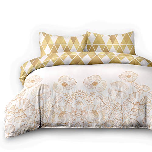 AmeliaHome Snuggy Collection 06709 4-Piece Flannelette Bed Linen 155 x 220 cm with 2 Pillowcases 80 x 80 cm 100% Cotton Floral Geometric Pattern Duvet Cover Zip Snuggy Collection Golden Poppy Beige