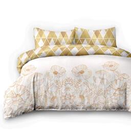 AmeliaHome Snuggy Collection 06709 4-Piece Flannelette Bed Linen 155 x 220 cm with 2 Pillowcases 80 x 80 cm 100% Cotton Floral Geometric Pattern Duvet Cover Zip Snuggy Collection Golden Poppy Beige