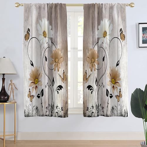 "AAtter Brown Floral Window Curtain Flower Retro Rustic White Daisy Country Butterfly Spring Farmhouse Living Room Bedroom Rocket Pocket Drapes Treatment Fabric 1 Pair Home Decor, 42"" W x 63"" L, Nature"