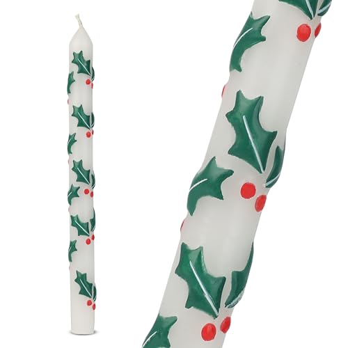 Talking Tables 1 x Hand Painted 3D Holly Dinner Candle 28cm Candlesticks Christmas Decoration Unscented 6 Hours Burn Time Eco-Friendly Table Décor White Red Green Novelty Candles Stocking Filler