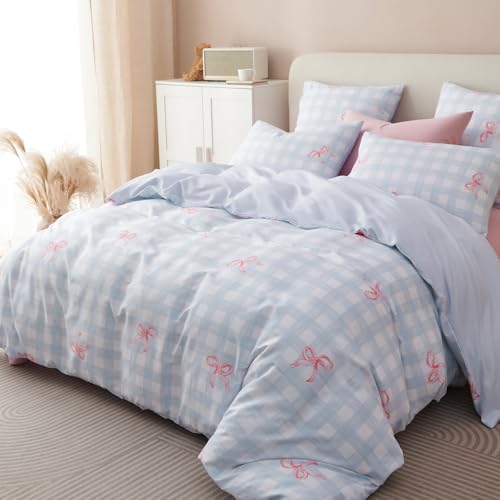 Bildenly Blue Plaid Comforter Set Full Size - Pink Bow Quilt Bedding Set 3 Pieces, Comforter Set Full, Soft & Lightweight Comforter(79?????? x 90??????) for Girl All Season & 2 Pillowcases(30??????x20??????)