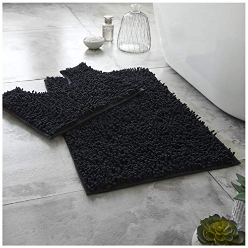 GC GAVENO CAVAILIA Soft Bath Mat Sets For Bathroom - 2 Piece Bath Mat Non Slip Back - Highly Water Absorbent & Fast Drying 100% Microfiber Chenille Toilet Rug with Pedestal Mat - Black