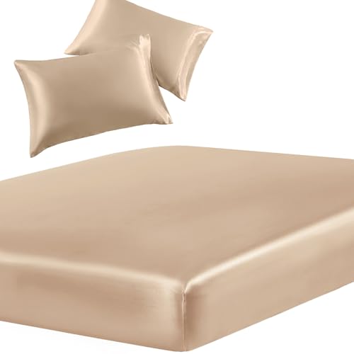 SiinvdaBZX 3-Piece Set Satin Full Fitted Sheet & 2 Pillowcase, Beige - Silky Soft Fitted Bottom Sheet, Deep Pocket Sheet Design Fits 15 Inch Mattress, Wrinkle Free, Fade Resistant