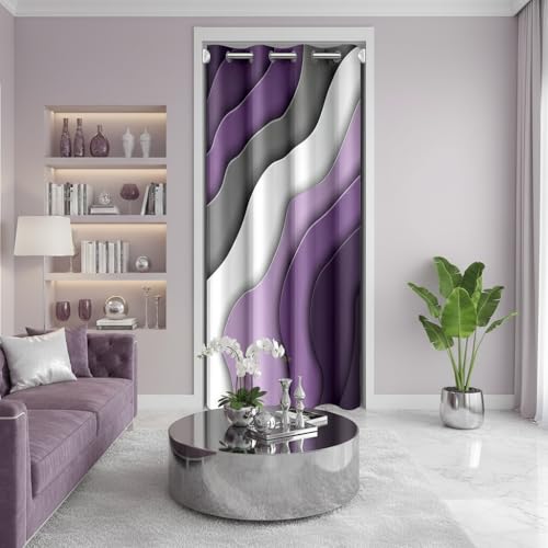 "Castle Fairy Purple Grey Gradient Flag Waves Door Curtain,Fashion Blackout Curtain for Bedroom Doorway Living Room,Abstract Style Oil Painting Privacy Door Drape 1 Panel,34"" W X 80"" L"