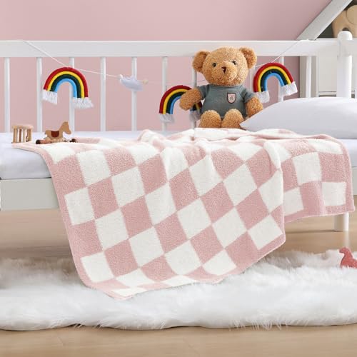 "WRENSONGE Checkered Throw Blanket, Pink Microfiber Soft Cozy Fluffy Warm Hand Made Throw Blankets for Couch, Sofa, Chair, Bed, Camping, Picnic, Travel Lightweight Bed Blanket - 30""*40"""