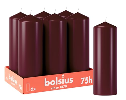 Bolsius Smooth Pillar Candles - Burgundy - Pack of 6-20 x 7 cm - Decorative Household Candles - Burn Time 75 Hours - Unscented - Contains Natural Plant Wax - Without Palm Oil