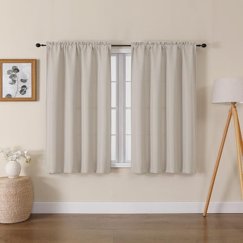 Lecloud Bessie Khaki Short Curtains 45 Inch Length 2 Panels, Faux Linen Light Filtering Curtains with Dual Rod Pocket, Farmhouse Small Window Curtain for Bedroom Living Room, Each 30 W x 45 L