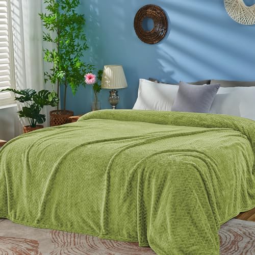 inhand Sage Green Fleece Queen Blanket for Bed, Super Soft Flannel Cozy Blankets for Adults, Lightweight Leaves Pattern Fuzzy Blanket for Office,Warm Plush Blankets for All Season, 90x90 Inches
