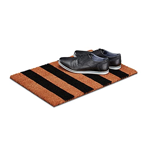 Relaxdays Coir Doormat, HxWxD: 1.5 x 60 x 40 cm, Striped, Nonslip, Rubber, Coconut Fibres, Brown-Black, 40 x 60 x 1.5 cm