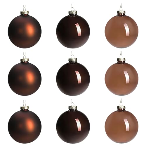 DN DECONATION Brown Glass Christmas Ball Ornaments, 3.15” Hanging Christmas Baubles for Xmas Tree Decoration, Set of 9 Decor for Holiday, Halloween, Wedding Party Gift