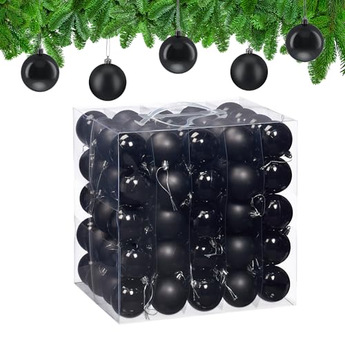 Relaxdays Christmas Baubles, Set of 100, Festive Tree Ornaments, D: 6 cm, Holiday Decorations, Shiny & Matte, Black