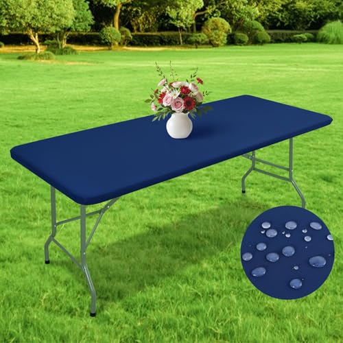 Wolkemer Rectangle Waterproof Fitted Tablecloth 30x48 Inch (4 Foot) - Windproof Washable Polyester Table Cloth Wipe Clean Elastic Table Cover for Camping, Picnic, Party, Indoor & Outdoor (Navy Blue)