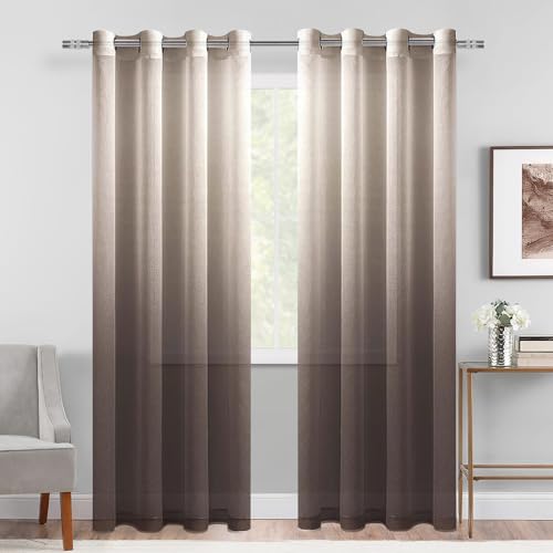 DWCN - Gradient Faux Linen Sheer Curtains Eyelet Top for Bedroom Living Room Chocolate Brown Set of 2 Panels 52x96 Drop