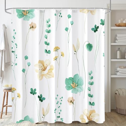Gibelle Watercolor Floral Shower Curtain, Mint Green Beige Flower Shower Curtain for Bathroom, Modern Minimalist Waterproof Fabric Shower Curtain Set with Hooks 72x72 Inch