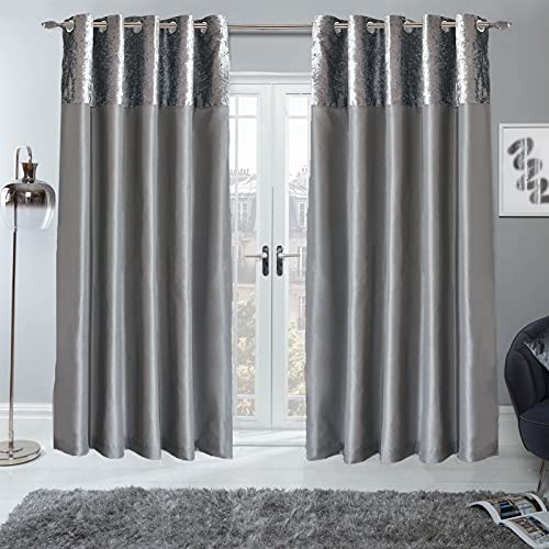 "Sienna PAIR of Crushed Velvet Band Curtains Fully Lined Eyelet Ring Top Faux Silk Window Treatment Panels - Silver Grey, Width 66"" x Drop 54"""