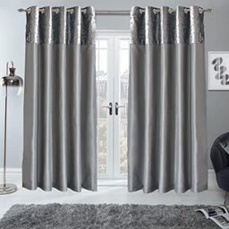 "Sienna PAIR of Crushed Velvet Band Curtains Fully Lined Eyelet Ring Top Faux Silk Window Treatment Panels - Silver Grey, Width 66"" x Drop 54"""