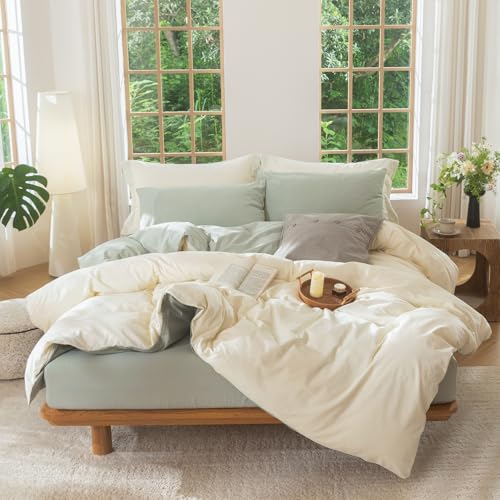BDEAR INS Linen Feel Double Sided Reversible Duvet Cover Queen Size 90''W x 90''L, Oeko TEX Standard Cotton Duvet Cover with Zipper Closure Plus 2 Pillowcases, Pale Yellow Plus Sage Green