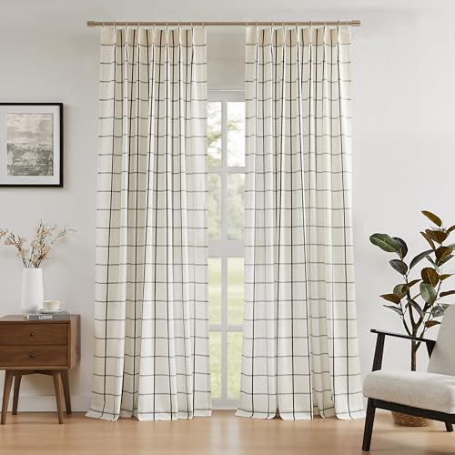 "Vision Home Black Plaid Linen Pinch Pleated Semi Sheer Curtains Checkered Light Filtering Window Panels 84 inches Long for Living Room Bedroom Rustic Pleat Drapes with Back Tab Hooks 40"" Wx84 Lx2"
