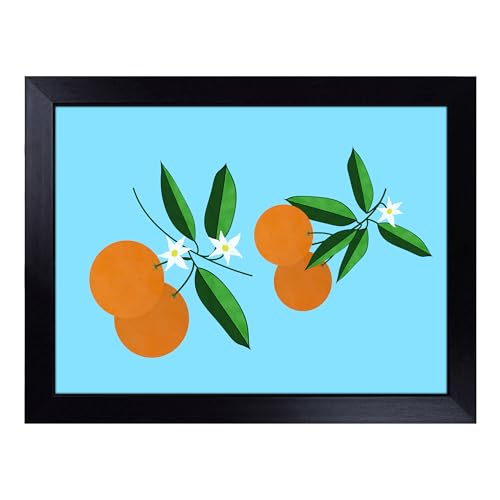 Lap Tray with Bean Bag Cushion, Orange Fruit Blossom Blue Art - Handmade in the UK, Raised Wooden Edge, Padded Cushion, Heat-Resistant Wipe-Clean Surface, for Meals, Laptops and Crafts