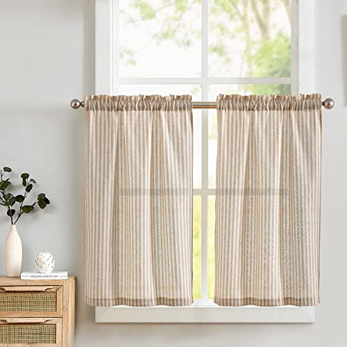 Lazzzy Kitchen Curtains Linen Striped Curtains Tier Curatins Cafe Curtains for Bathroom Kitchen Farmhouse Curtains 36 Inch Length Rod Pocket Window Treatment Tiers 2 Panels Set Taupe on Beige