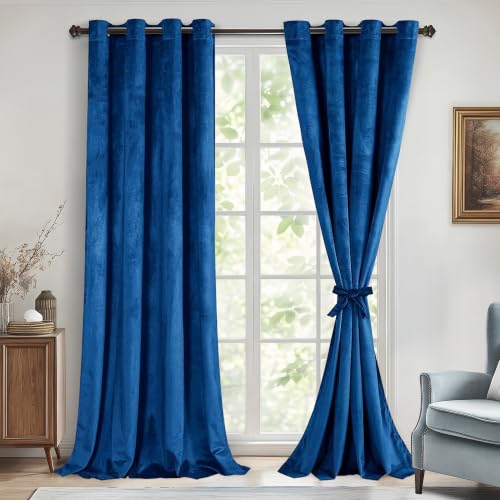 DWCN Blue Velvet Curtains 96 inches Long - Blackout Privacy Protect Window Drapes Thick Grommet Tieable Light Blocking Curtains & Drapes for Bedroom Living Room Home Decor, W52 x L96, 2 PCs