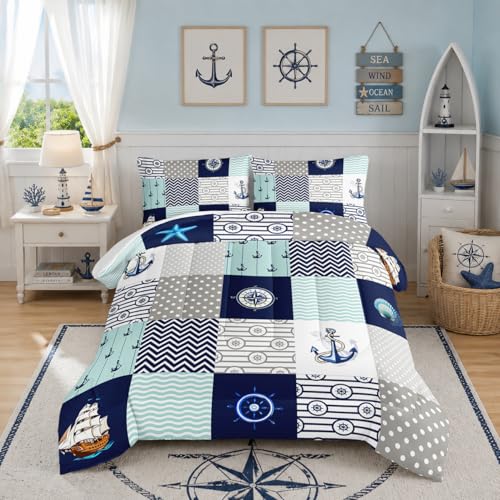 HOSIMA Nautical Comforter Set Full,Plaid Patchwork Ocean Themed Bedding Sailboat and Anchor Print Kids Bedding Set for Boys Adult Kids Girls,Navy Blue Comforter Full Size with 2 Pillow Shams.