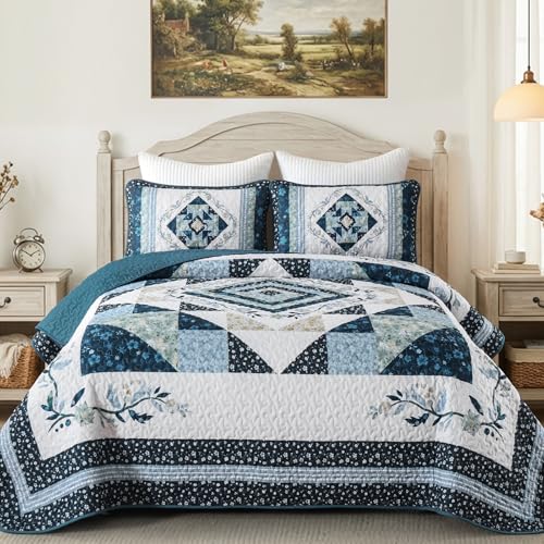 Dobuyly Quilts Queen Size,Patchwork Bedspreads Queen Size,Blue Farmhouse Floral Summer Lightweight Coverlet Set for Queen Bed for All Season96 x90