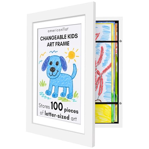 Americanflat A4 Kids Artwork Display Frame Changeable - White - Holds 100 art pieces, magnetic front door, built-in keyholes for wall display, stores finished artwork