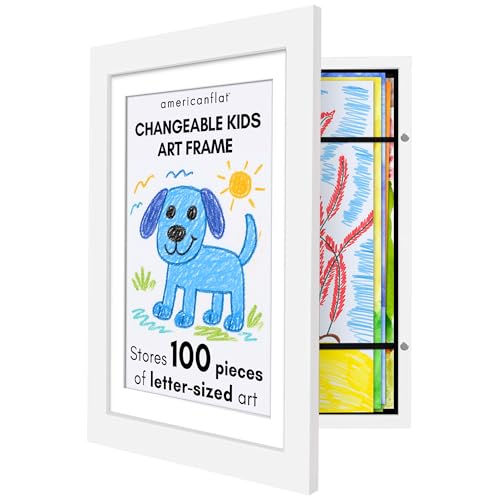 Americanflat Kids Artwork Display Frame Changeable (White) - Magnetic Door Holds 100 Art Pieces - A4 Size Display with Mount or 10x12.5 Without Mount - My Mini Masterpiece