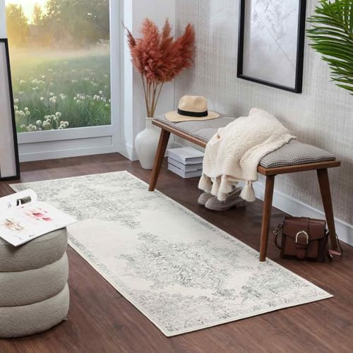 Livabliss Roma Vintage - Living Room, Dining Room, Hallway, Living Room - Boho Oriental Style, Short Pile Carpet - Colourful White, Grey 80 x 150 cm