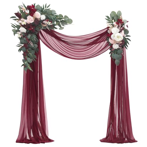 Floroom Arch Flowers with Drapes Kit (Pack of 4) - 2pcs Artificial Burgundy Floral Swag Arrangement with 2pcs Draping Fabric for Wedding Ceremony Arbor and Reception Backdrop Decoration