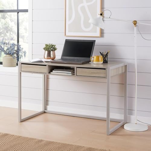 Home Source Office Desk, White – Compact Computer Workstation Table with 1 Drawer and 1 Door Cabinet for Home or Office Use