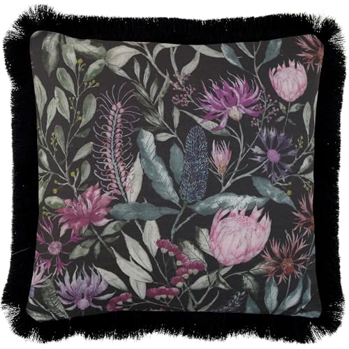 Voyage Maison Fortazela Cushion Cover – Luxury Velvet Ornate Floral Decorative Fringed Decorative Case (Onyx - 55x55cm)