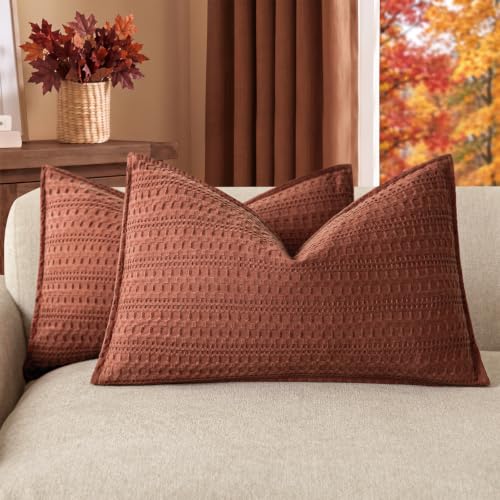 Foindtower Set of 2 Decorative Cotton Waffle Weave Lumbar Throw Pillow Covers Euro Shams Cushion Covers Accent Pillowcase for Bed Couch Sofa Bedroom Living Room Home Decor 12??20 Inch Fall Rust Orange