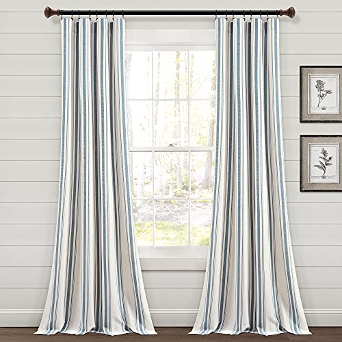 "Lush Decor Farmhouse Stripe Yarn Dyed Eco-Friendly Recycled Cotton Window Curtain Panel Pair, 95"" L x 42"" W, Blue"
