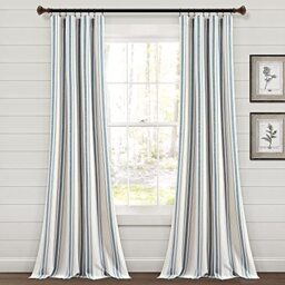 "Lush Decor Farmhouse Stripe Yarn Dyed Eco-Friendly Recycled Cotton Window Curtain Panel Pair, 95"" L x 42"" W, Blue"