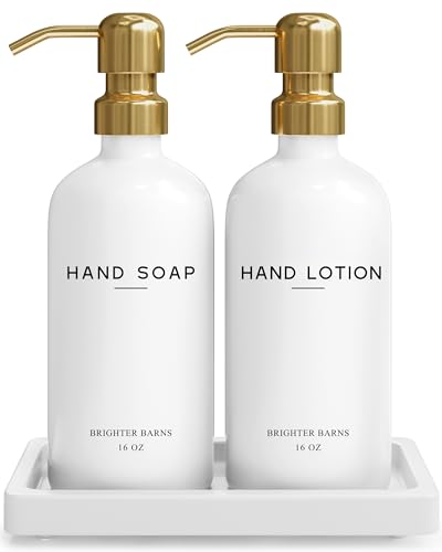 Luxury Glass Soap and Lotion Dispenser Set with Tray by Brighter Barns - Hand Soap Dispenser Bathroom Set & Stainless Steel Pump for Home or Airbnb - White and Gold Bathroom Accessories & Decor (Gold)