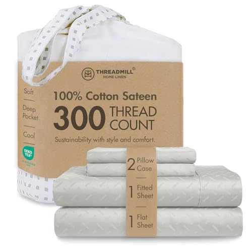 "Threadmill 300TC Cotton Queen Sheet Set, Sateen, Jacquard, Light Grey - 100% Cotton, Sateen Weave, Jacquard Pattern, 4-Piece Set, 16"" Deep Pocket, Cooling, OEKO-TEX Certified, Machine Washable"