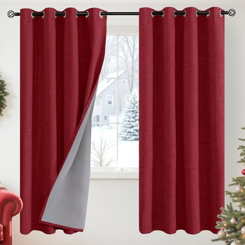 YoungsTex Burgundy Linen Blackout Curtains 72 Inches Long for Bedroom, Room Darkening Window Drapes with Grommet Thermal Insulated Christmas Decor for Living Room, 2 Panels, 52 X 72 Inch