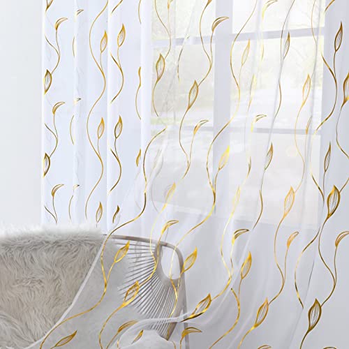youleyar Gold Foil Print Voile Sheer Curtains,Wicker Grommet Top Window Drapes 63 Inches Long, Luxury Metallic Bronzing Treatment Panels for Home Window Decoration, 2 Panels
