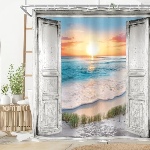 "Ocean Beach Grey Barn Door Hawaiian Sunset Sea Bathroom Shower Curtain Set - 72""W x 72""H Retro Rustic waterproof HD print, quick-dry fabric with 12 free hooks for easy hanging."