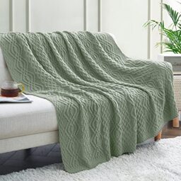 Aormenzy Sage Green Cable Knit Throw Blanket, Soft & Warm Knitted Blanket Oversized for Couch Bed Sofa Living Room, 60 x 80 inch