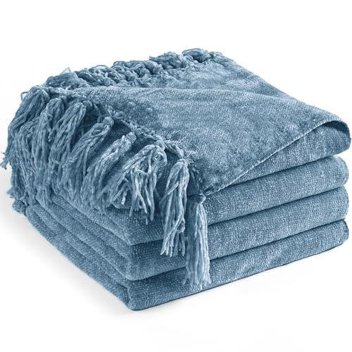 LONG CREATE Chenille Throw Blanket for Couch 60 x 80 Inch Soft Cozy Throw with Fringe Tassel for Bed Sofa Chair Cover Lightweight Knitted Decorative Boho Blankets for Living Room