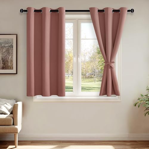 JIUZHEN Dried Rose Blackout Curtains with Tiebacks Thermal Insulated, Light Blocking and Noise Reducing Grommet Curtains for and Living Room, Set of 2 Window Curtain Panels, 42 x 45 Inch Length