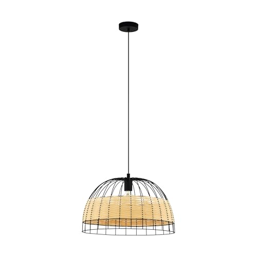 EGLO Anwick Pendant Light, 1 Bulb Vintage Boho Pendant Light Made of Steel and Rattan, Dining Table Lamp, Living Room Lamp Hanging in Black, Natural, E27 Socket, Diameter 50 cm